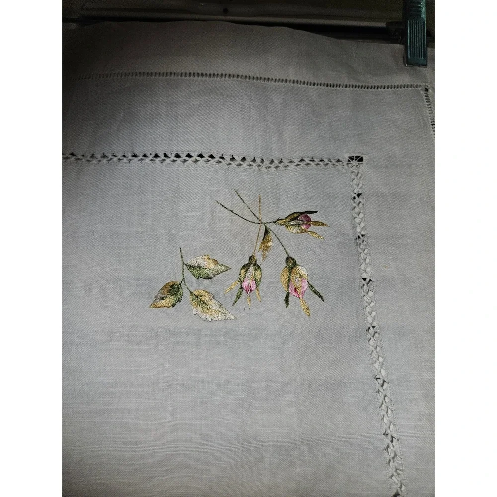 Vintage Hand Embroidered White Linen Tea Tablecloth Pink Wild Rose Hemstitch